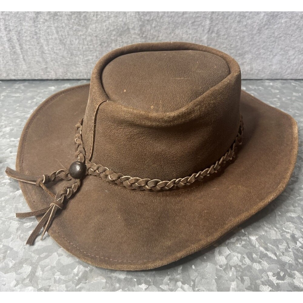 Genuine Leather Indiana Jones Style Fedora Braided Band Hat SZ M Western Cowboy